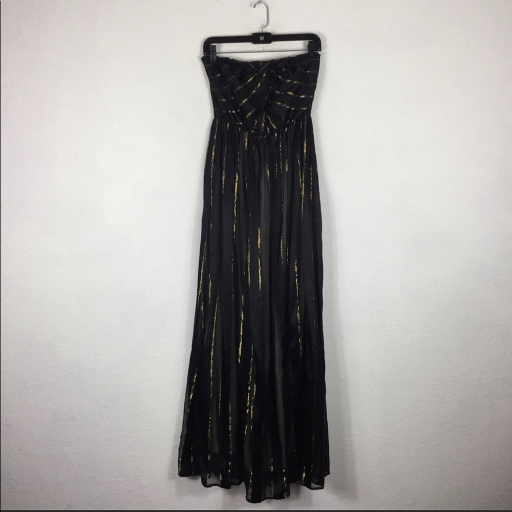 Revolve Line And Dot Lurex Black Gold Stripe Silk Tube Maxi Dress Medium